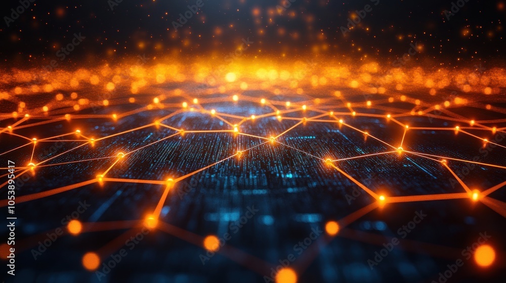 Poster abstract digital network with glowing nodes and connections.