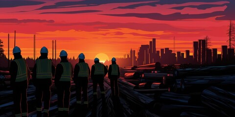 Obraz premium Silhouetted workers in hard hats stand before a vast industrial skyline as the sun sets in a fiery blaze, casting long shadows on the stacked logs at their feet.