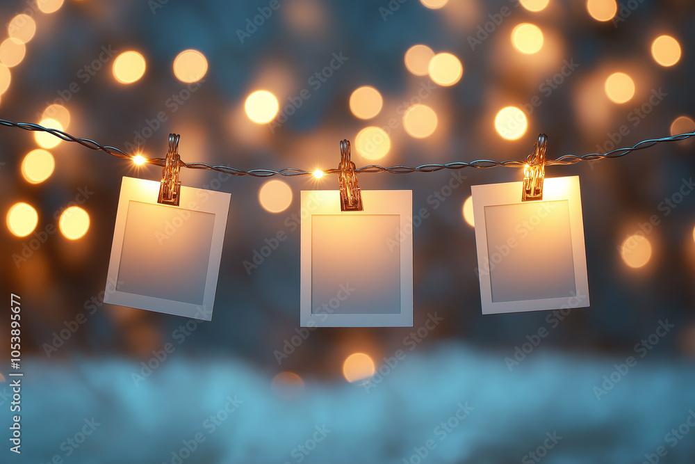 Poster three blank photo frames hanging on string lights with bokeh background