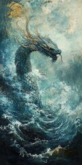 Leviathan Rising: Detailed Mythological Artwork of Sea Serpent in Ocean