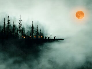 Fototapeta premium Coven of Witches Casting Spells in a Moody Misty Forest Under Eerie Moonlight with Flickering Candles and a Glowing Full Moon Creating an Atmospheric Supernatural Scene