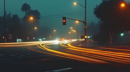 A foggy street scene at night with blurred car lights and traffic signals.
