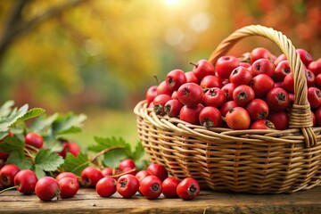 Ripe hawthorn berries in a basket on natural autumn background with tilted angle