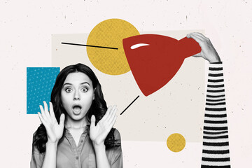 Composite photo collage of astonished girl light bulb illumination power electricity torchere...