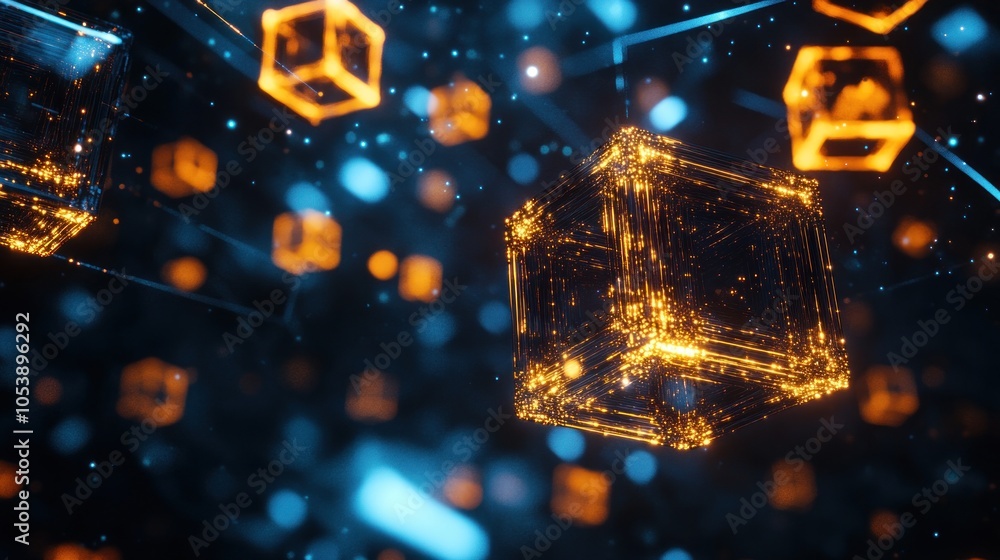 Poster abstract digital representation of interconnected glowing cubes in a dark space.
