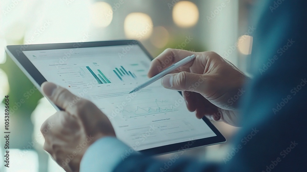 Poster business analytics on tablet with data visualization