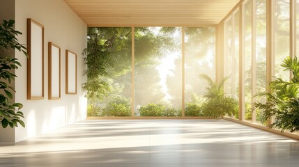 Fototapeta premium A bright and airy room with large windows overlooking a lush green garden.