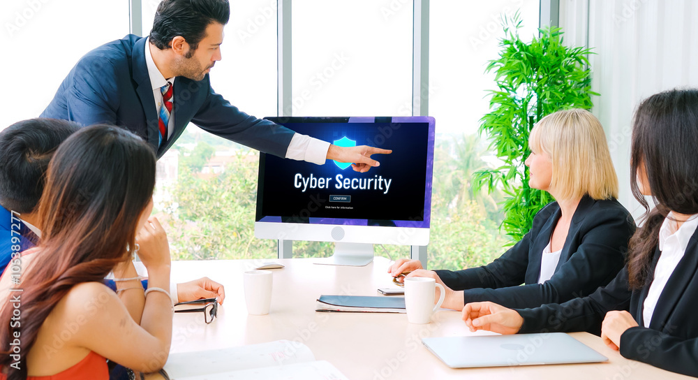 Poster cyber security system on computer screen protect private information snugly from hacker and cyber at