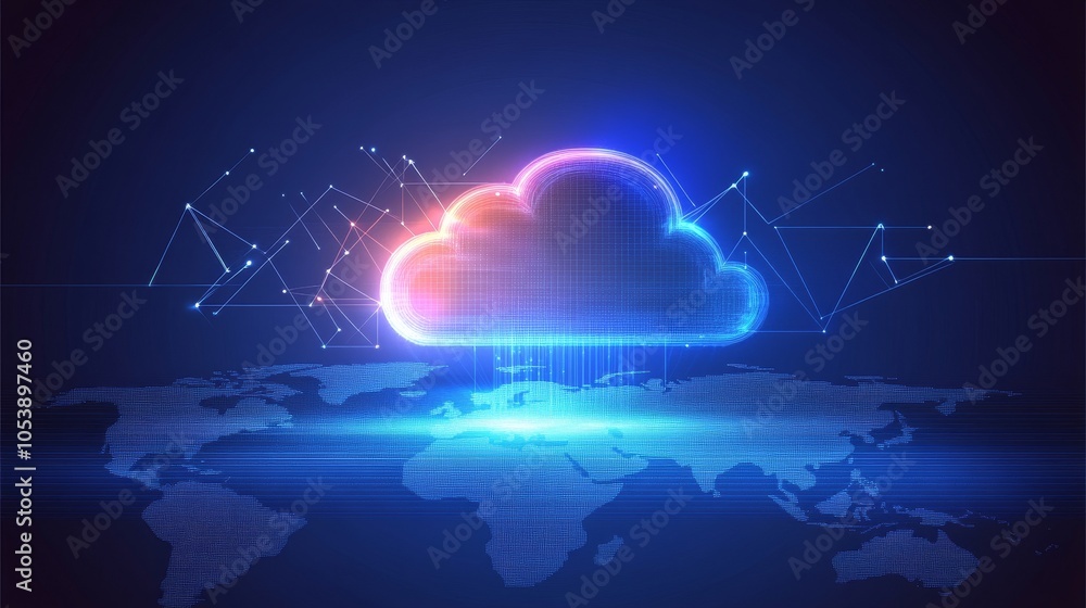 Poster data transfer cloud computing technology concept with a large prominent cloud icon with internal con