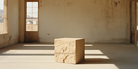 A Rough-Textured Cube in a Room with a Single Window and Sunbeams on the Floor