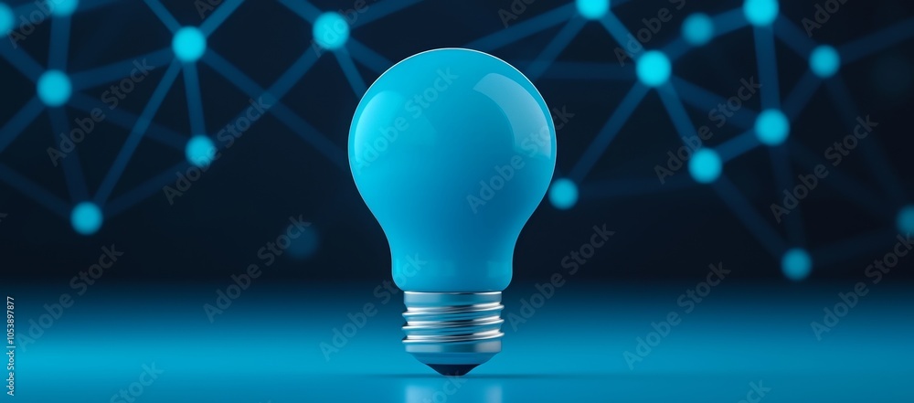 Poster a light bulb with a complex digital network inside on a dark technological background. stock and inn