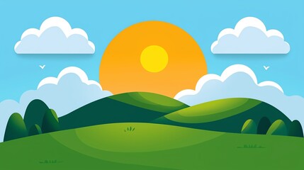 Obraz premium A bright, stylized landscape featuring rolling green hills, a large sun, and fluffy clouds set against a blue sky.