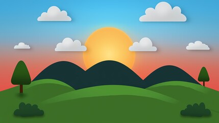 Fototapeta premium A vibrant landscape showcasing rolling hills, lush greenery, a bright sun setting against a colorful sky, and fluffy clouds.