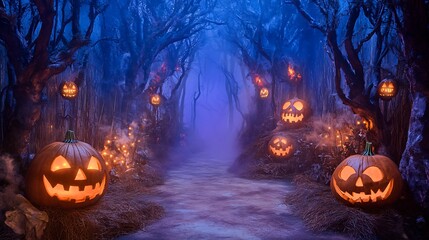 Halloween haunted woods backdrop with eerie lighting