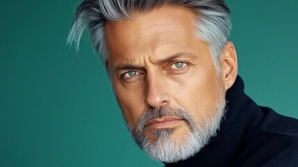 distinguished elderly man with silver hair and beard, intense eyes, wearing black turtleneck, with soft light emphasizing wrinkles and deep shadows for cinematic mood