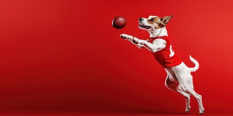 Dog Leaping in Football Jersey for a Catch