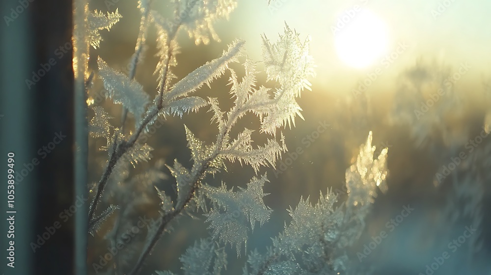 Poster frosty window with intricate ice formations illuminated by sunlight.