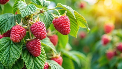 Ripe raspberries on green bush in summer