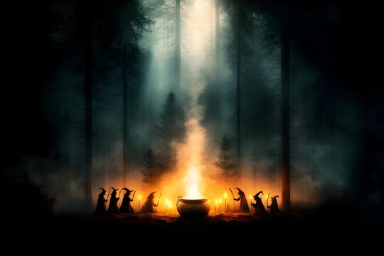 A coven of hooded witches gathered around a bubbling cauldron in a dark foreboding forest casting mystical spells by the flickering light of candles in an ancient ritual of sorcery and the occult