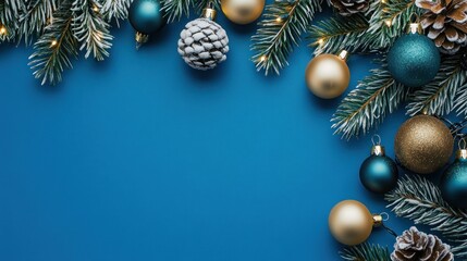 Blue and gold Christmas ornaments on pine branches.