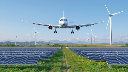 Futuristic electric airplane flying over a solar farm in the countryside, with rows of solar panels glimmering in the sunlight and wind turbines standing tall.