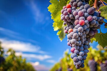 Ripe wine grapes on vine against blue sky