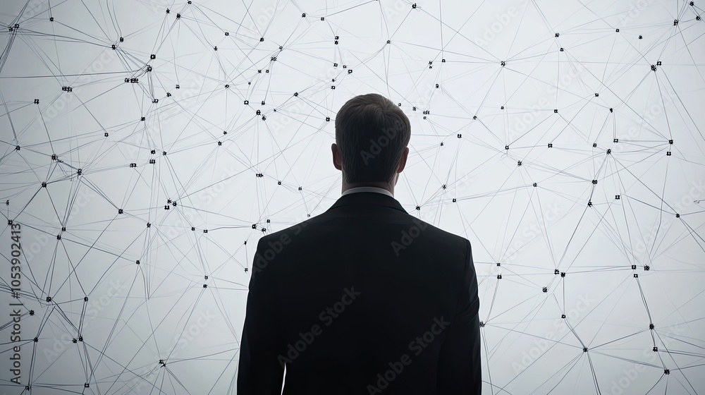 Poster man standing before abstract network connections