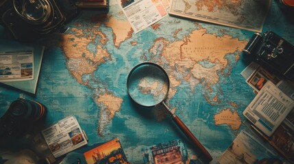Explore world travel destinations with our detailed map, magnifying glass, and travel brochures. Plan your next unforgettable adventure today.