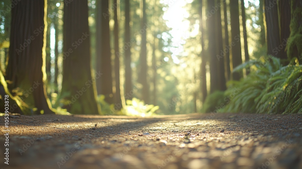 Poster sunlight filters through towering trees in a serene forest path, ai