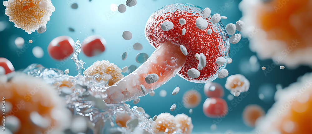 Poster artistic representation of the intricate process of a kidney stone passing through the human body wi