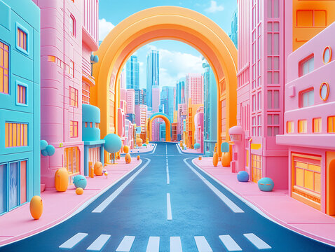  a vibrant and colorful cityscape, featuring a curved walkway with a lagoon-like pool at its center, surrounded by tall buildings and a clear blue sky.