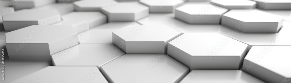 Poster a close-up view of a seamless arrangement of hexagonal shapes in a minimalist white design, emphasiz