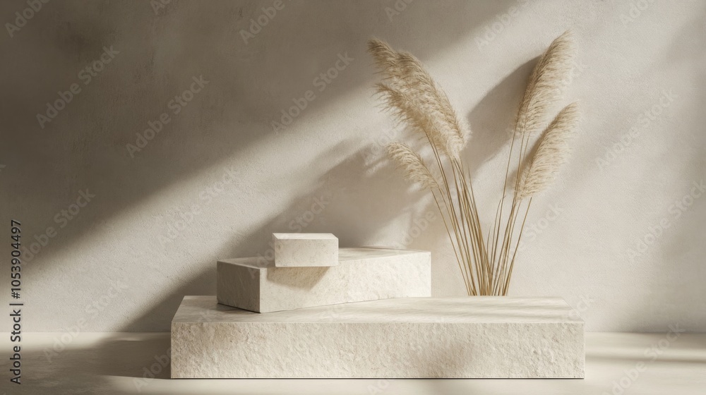 Poster a minimalist display features neutral-toned blocks and delicate pampas grass, highlighting a serene,