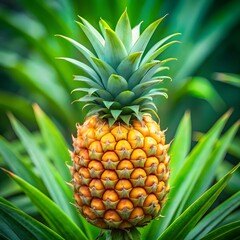 Obraz premium Close-up view of a Tropical Pineapple Plant with Spiky Green Leaves and Textured Yellow Fruit, Blurred Garden Background
