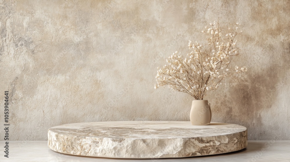 Poster A minimalistic setting featuring a circular stone surface with a vase of dried flowers against a textured beige background.