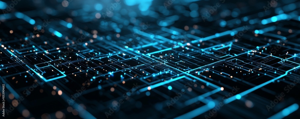 Poster abstract digital landscape with glowing lines and particles, representing advanced technology and ne