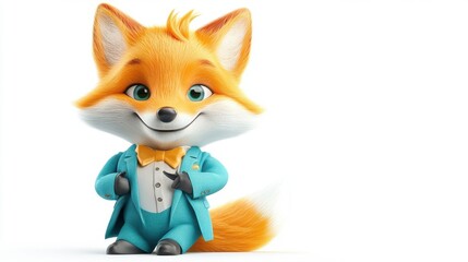 Obraz premium A cartoon fox is wearing a blue suit and bow tie