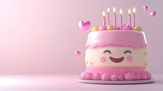 A pink cake with a smiling face and lit candles on top - Powered by Adobe