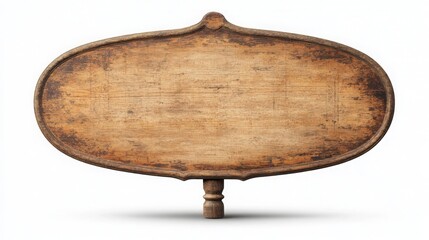 A rustic wooden sign on a post, featuring a weathered surface, perfect for customization or as a decorative element in various settings.