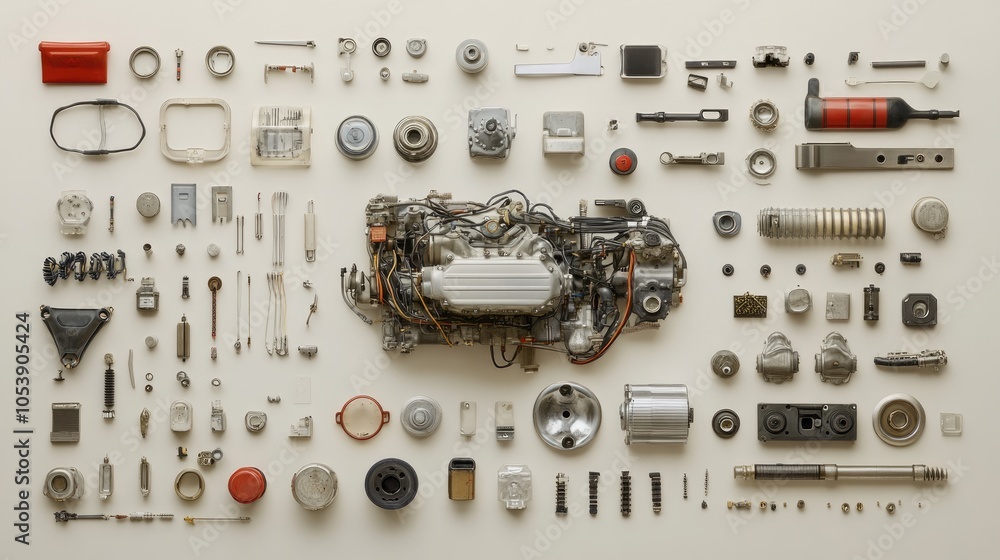 Poster disassembled engine components on soft background