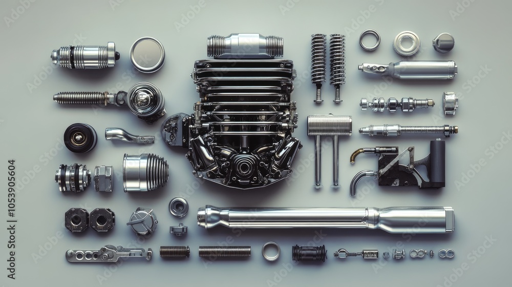 Poster engine components arranged on grey background