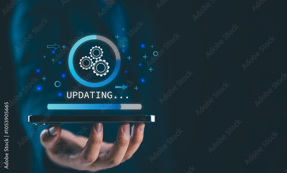 Fototapete Operating system upgrade concept, installation app and software update process, modernize user equipment, update modern functions, developer released new version Improved security. User is downloading