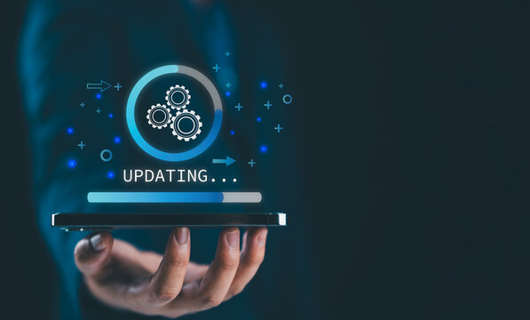 Operating system upgrade concept, installation app and software update process, modernize user equipment, update modern functions, developer released new version Improved security. User is downloading