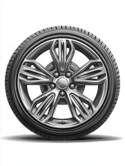 Obraz premium A sleek, modern car wheel features stylish spokes and a robust tire, designed for performance and aesthetic appeal.