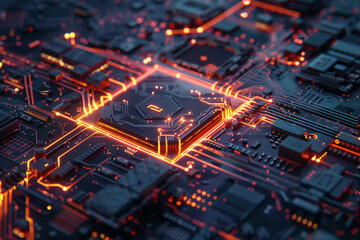 Obraz premium Closeup of Circuit Board with Glowing Orange Wires