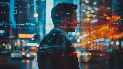 Double Exposure of Businessman Highlighting Modern Technology Innovations and Futuristic Digital Concepts