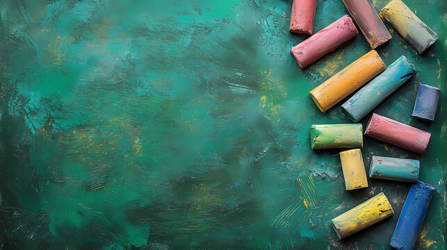 Colorful chalk pieces arranged on a textured green background, ideal for school or art related themes, background with copy space. Chalk Pastel Drawing. Illustration