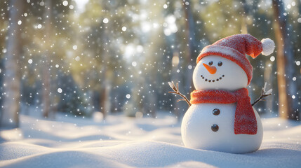 Fototapeta premium A snowman with a red scarf and a red hat stands in the snow