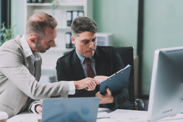Two businessmen working together Analyze financial reports with charts and graphs while using the...