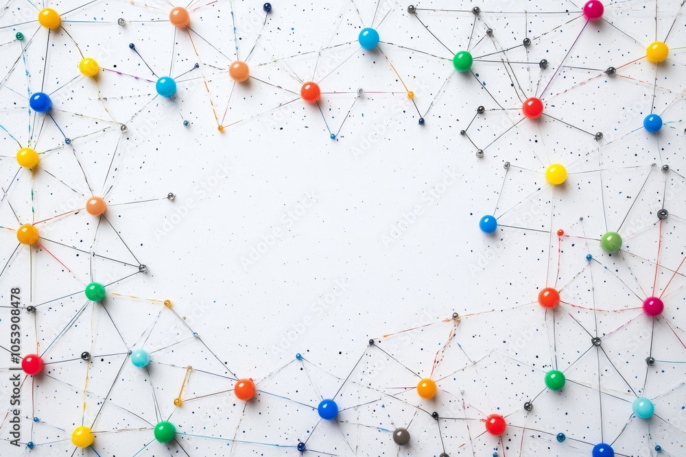 Poster linked entities, blockchain, social media, communications network. simulation of two networks on pap
